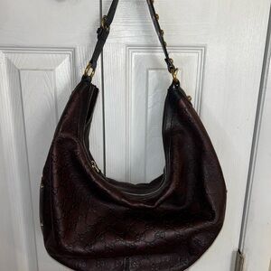 Gucci Dark Brown Embossed Leather Hobo Bag